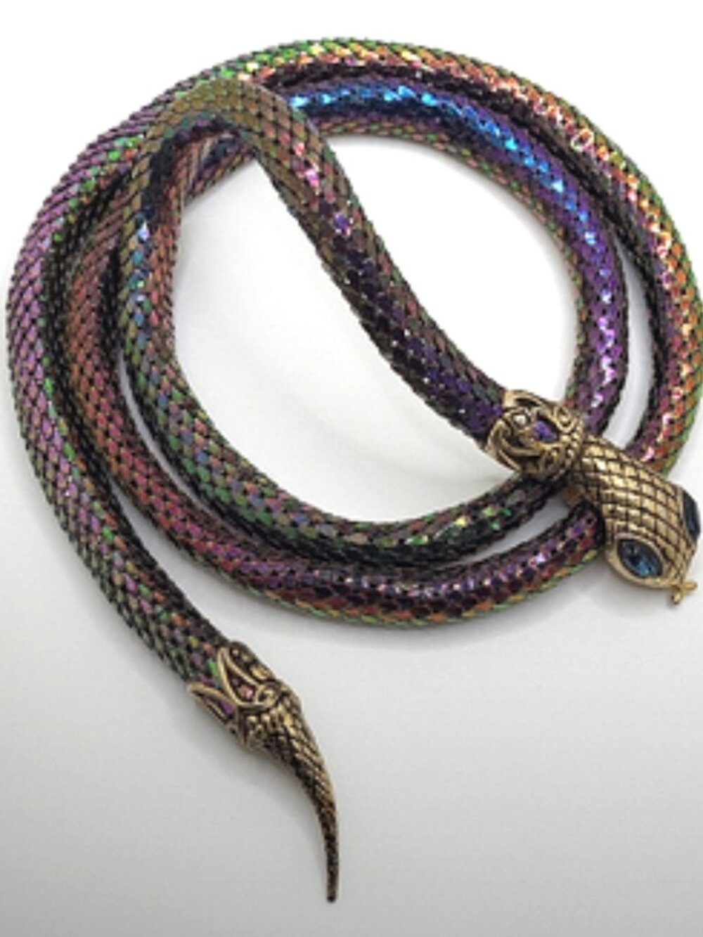 Vintage 1970's DL Auld Rainbow Iridescent Mesh Snake Belt  Blue Eyes 36"